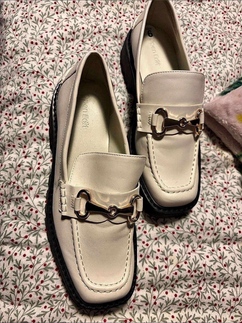 Open Edit Horsebit Lug Sole Loafer Cream & Black US 6